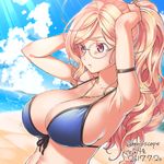  arm_strap armpits beach between_breasts bikini blonde_hair blue_bikini breasts cleavage cloud cloudy_sky dated day front-tie_top glasses heriwo_(haraheridou) jewelry large_breasts long_hair necklace original outdoors ponytail red_eyes sand signature sky solo sunlight swimsuit upper_body water wavy_hair 