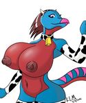  2017 alexl anthro beak big_breasts breasts butt digital_media_(artwork) dinosaur female horn kinglikeme looking_at_viewer nipples nude reptile scalie simple_background smile solo therizinosaurus thick_thighs zexy(alexl) 