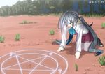  black_footwear blue_eyes blue_neckwear boots commentary day dress dress_shirt grey_hair grey_legwear kantai_collection kiyoshimo_(kantai_collection) kneeling long_hair long_sleeves magic:_the_gathering magic_circle misumi_(niku-kyu) neckerchief open_mouth outdoors pantyhose purple_dress shirt solo twintails twitter_username 