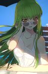  arm_support bangs bare_shoulders bikini breasts c.c. cloud code_geass collarbone creayus day eyebrows_visible_through_hair floating_hair green_hair halterneck head_tilt long_hair looking_at_viewer medium_breasts open_mouth sitting sky sunglasses swimsuit table upper_body white_bikini yellow_eyes 