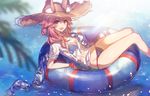  :d animal_ears bangs bare_legs bikini bikini_under_clothes blue_bikini blurry bracelet breasts chocoan commentary day depth_of_field ears_through_headwear english_commentary fang fate/extra fate/grand_order fate_(series) fox_ears fox_tail groin hat innertube jewelry long_hair looking_at_viewer medium_breasts navel open_mouth outdoors palm_leaf partially_submerged pink_hair see-through shawl shirt short_sleeves smile solo star straw_hat sun_hat sunlight swimsuit t-shirt tail tamamo_(fate)_(all) tamamo_no_mae_(fate) tamamo_no_mae_(swimsuit_lancer)_(fate) water wet wet_clothes wet_shirt wet_t-shirt yellow_eyes 