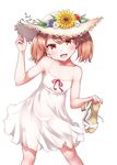  :d bare_arms blush breasts brown_eyes brown_hair cleavage collarbone commentary_request dress fang flower hat hat_flower high_heels holding holding_shoes kantai_collection kirigakure_(kirigakure_tantei_jimusho) long_hair looking_at_viewer open_mouth panties ryuujou_(kantai_collection) sandals see-through see-through_silhouette shoes shoes_removed simple_background sleeveless sleeveless_dress small_breasts smile solo spaghetti_strap sun_hat sundress sunflower twintails underwear white_background white_dress white_panties 