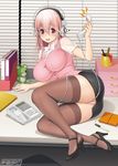  between_legs blush breasts corded_phone desk flustered formal headphones high_heels impossible_clothes impossible_shirt large_breasts long_hair looking_at_viewer lying nitroplus office_lady on_desk on_side open_mouth panties pantyshot pantyshot_(lying) pencil_skirt phone pink_hair red_eyes shirt skirt solo super_sonico thighhighs tsuji_santa underwear 