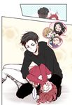  3boys ? ^_^ anger_vein beard black_hair blonde_hair blush brown_hair closed_eyes comic covering_eyes emil_nekola facial_hair falling grey_eyes hood hoodie michele_crispino mila_babicheva multiple_boys multiple_girls nana_natsunemu open_mouth otabek_altin red_hair sara_crispino silent_comic smile spoken_question_mark yuri!!!_on_ice 