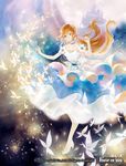  bare_shoulders blue_eyes bug butterfly castle cinderella_(force_of_will) copyright_name dress earrings flower force_of_will full_body hairband high_heels insect jewelry long_hair moon official_art orange_hair sky sparkle teeth white_dress 