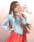  ;q blue_eyes breasts brown_hair fire hairband hand_on_hip highres kenshin187 long_hair long_skirt ok_sign one_eye_closed pleated_skirt red_skirt school_uniform skirt small_breasts solo tongue tongue_out toono_akiha tsukihime white_hairband 