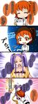  4koma aoshima bare_shoulders bow chinese chinese_clothes comic commentary_request fate/grand_order fate_(series) fujimaru_ritsuka_(female) hanfu highres hug long_hair multiple_girls off_shoulder orange_hair purple_eyes purple_hair shawl sleeveless smile translation_request twintails very_long_hair wu_zetian_(fate/grand_order) 