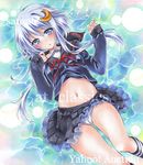  artist_name ass_visible_through_thighs at_classics bangs black_legwear black_skirt blue_eyes blue_hair blush cameltoe crescent crescent_hair_ornament crescent_moon_pin eyebrows_visible_through_hair hair_between_eyes hair_ornament kantai_collection kneehighs long_hair long_sleeves looking_at_viewer navel panties parted_lips pleated_skirt sample school_uniform serafuku short_hair_with_long_locks skirt solo stomach traditional_media underwear watermark white_panties yayoi_(kantai_collection) 