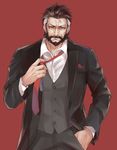  absurdres adjusting_clothes adjusting_necktie beard berezovich_kryuger_(girls_frontline) black_hair ck_(26982497) cowboy_shot facial_hair formal girls_frontline hand_in_pocket highres looking_away male_focus necktie red_background red_neckwear scar solo standing suit 