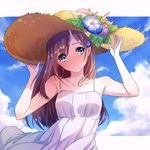  aqua_eyes arms_up bare_arms bare_shoulders blush breasts brown_hair cloud cloudy_sky collarbone day dress eyebrows_visible_through_hair eyes_visible_through_hair flower hair_flower hair_ornament hair_over_one_eye hands_on_headwear hat hat_flower hozumi_rino long_hair looking_at_viewer medium_breasts original outdoors sky solo straw_hat sundress upper_body w_arms white_dress wind wind_lift 