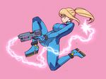  aiming akairiot ankle blonde_hair blue_bodysuit bodysuit bracelet breasts closed_mouth electricity emblem from_side frown full_body gloves green_eyes gun handgun high_heels high_ponytail highres holding holding_gun holding_weapon jewelry jumping knee_up large_breasts leaning_back looking_to_the_side metroid mole mole_under_mouth paralyzer pink_background ponytail profile samus_aran serious sidelocks simple_background solo stun_gun super_smash_bros. trigger_discipline turtleneck v_arms weapon zero_suit 