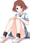  blue_skirt blush brown_eyes brown_hair full_body haruki_misora looking_at_viewer oruna pleated_skirt sagrada_reset school_uniform shoes short_hair simple_background sitting skirt smile socks solo white_background 