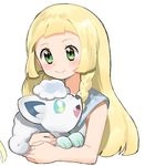  alolan_form alolan_vulpix blonde_hair blush braid green_eyes haru_yanagi_(nntiebiinkn) lillie_(pokemon) long_hair pokemon pokemon_(anime) pokemon_(creature) pokemon_sm_(anime) simple_background sleeveless smile twin_braids white_background 