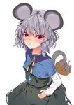  animal animal_ears asuzemu bangs basket black_dress blue_capelet blush breasts capelet closed_mouth cowboy_shot dress eyebrows_visible_through_hair from_above grey_hair hand_on_hip jewelry long_sleeves mouse mouse_ears mouse_tail nazrin pendant red_eyes short_hair simple_background small_breasts solo standing tail touhou wavy_hair white_background 