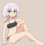  bangs barefoot bikini black_bikini breasts brown_background cleavage collarbone commentary_request facial_scar fate/apocrypha fate_(series) frilled_bikini_top frills full_body green_eyes hair_between_eyes hand_rest jack_the_ripper_(fate/apocrypha) knee_up lavender_hair looking_at_viewer navel open_mouth petite scar short_hair side-tie_bikini simple_background sitting small_breasts solo swimsuit tattoo yakihebi 