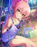  artist_request bag bench bow bracelet building cutoffs earrings heart heart_earrings heart_necklace idolmaster idolmaster_cinderella_girls jewelry jougasaki_mika lamppost lens_flare necklace night official_art outdoors paper_bag park_bench pink_bow pink_hair ponytail smile sparkle swing tree yellow_eyes 
