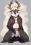  anthro antlers blush boots bottomless brown_fur cervine chang52084 circumcised clothed clothing deer erection footwear fur horn humanoid_penis male mammal masturbation navel panting penis red_eyes solo sweat vest white_fur 