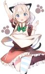  :d animal_ears arm_up blonde_hair blue_eyes blush bow bowtie breasts cat_ears cat_tail commentary cropped_legs eyebrows_visible_through_hair green_bow green_neckwear idemitsu looking_at_viewer maid maid_headdress open_mouth original paw_print simple_background smile solo tail white_background wrist_cuffs 