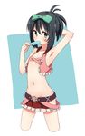  armpits black_hair blue_eyes blush breasts coupon_(skyth) food groin kunihiro_hajime navel no_bra no_panties popsicle revealing_clothes ribbon saki skirt small_breasts solo thighhighs 