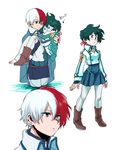 !! 1boy 1girl blue_eyes blush boku_no_hero_academia boots braid brown_eyes burn_scar capelet carrying directional_arrow expressionless face freckles full_body genderswap genderswap_(mtf) green_eyes green_hair hair_ribbon half-closed_eyes heterochromia long_sleeves looking_at_another midoriya_izuku multicolored_hair open_mouth pants partially_submerged princess_carry red_hair ribbon scar shocked_eyes silverstar017 simple_background surprised sweat todoroki_shouto two-tone_hair water white_background white_hair 