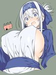  ainu_clothes blue_eyes blush breasts covered_nipples dated eyebrows_visible_through_hair fbc folded_ponytail headband kamoi_(kantai_collection) kantai_collection large_breasts long_hair open_mouth sideboob sidelocks simple_background solo upper_body white_hair 