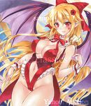  artist_name at_classics bangs bat_wings blonde_hair blush bow bowtie breasts closed_mouth cowboy_shot detached_collar elis_(touhou) eyebrows_visible_through_hair fang fang_out flower groin hair_between_eyes hair_bow hair_flower hair_ornament holding holding_wand large_breasts long_hair looking_at_viewer navel pointy_ears red_bow red_eyes red_neckwear sample sidelocks smile solo star stomach touhou touhou_(pc-98) traditional_media very_long_hair wand watermark wings wrist_cuffs 