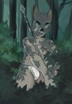  5_fingers anthro brown_fur bulge canine chang52084 clothed clothing fundoshi fur japanese_clothing mammal melee_weapon nipples polearm spear topless underwear weapon wolf 