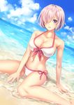  adapted_costume arm_support beach bikini breasts cleavage cloud day dutch_angle fate/grand_order fate_(series) front-tie_top hair_over_one_eye highres large_breasts looking_at_viewer mash_kyrielight mofukofusukaya navel ocean outdoors parted_lips partially_submerged purple_eyes purple_hair short_hair side-tie_bikini sitting skindentation sky solo swimsuit swimsuit_of_perpetual_summer wariza water white_bikini 
