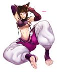  1girl bare_shoulders barefoot black_hair breasts capcom detached_sleeves feet fingerless_gloves gloves han_juri long_hair no_shoes purple_eyes short_hair solo street_fighter street_fighter_iv toeless_socks toenail_polish toes twintails 