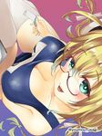  aqua_eyes blonde_hair blush book bookmark breasts cleavage collarbone eyebrows_visible_through_hair from_above glasses hat i-8_(kantai_collection) kantai_collection large_breasts long_hair looking_at_viewer open_mouth pink_background purple_background school_swimsuit shiny shiny_hair sitting solo swimsuit taut_clothes taut_swimsuit teeth thighhighs twintails twitter_username two-tone_background white_hat white_legwear youmou_usagi 