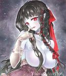  artist_name at_classics bad_id bangs black_hair blue_skin bow braid breasts choker elbow_gloves eyebrows_visible_through_hair finger_to_mouth gloves hair_bow hair_censor hair_over_breasts hair_ribbon large_breasts long_hair looking_at_viewer original parted_lips red_bow red_eyes ribbon ribbon_braid sample side_braid sidelocks single_braid solo traditional_media upper_body vampire watermark white_gloves 