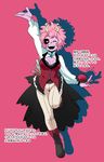  ;d alternate_costume arm_up ashido_mina black_sclera boku_no_hero_academia boots breasts cleavage full_body highres horns long_sleeves looking_at_viewer medium_breasts one_eye_closed open_mouth pants pink_background pink_hair pink_skin see-through short_hair silverstar017 simple_background smile teeth text_focus translation_request yellow_eyes 