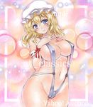  arm_garter artist_name at_classics bangs blonde_hair blue_eyes blush breasts cameltoe closed_mouth covered_nipples cowboy_shot eyebrows_visible_through_hair fingers_together groin hair_between_eyes hat large_breasts looking_at_viewer maribel_hearn mob_cap navel sample slingshot_swimsuit smile solo stomach swimsuit touhou traditional_media watermark white_hat 