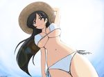  bikini black_hair blue_eyes blush breasts bukkuri day girls_und_panzer groin hat isuzu_hana large_breasts long_hair navel side-tie_bikini sky smile solo straw_hat swimsuit swimwear underboob white_bikini 