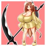  1girl ayazumi_flutter black_eyes blush breasts brown_hair cleavage collarbone cow_girl cow_horns cow_tail female full_body horns huge_breasts long_hair miniskirt original scythe shoes simple_background skirt solo standing tail very_long_hair weapon 