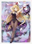  animal animal_ears animal_on_head ass_visible_through_thighs black_bow black_legwear black_leotard black_neckwear blonde_hair blue_eyes bow bowtie bunny bunny_ears bunny_on_head bunny_tail bunnysuit card detached_collar full_body hat heroic_songs! leotard long_hair magic_trick magician on_head one_eye_closed pantyhose playing_card solo standing standing_on_one_leg strapless strapless_leotard tail thigh_gap top_hat tougo very_long_hair wrist_cuffs 