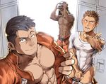  2boys abs bara blush hana_(artist) helmet locker locker_room looking_at_viewer multiple_boys self_shot smile sweat undressing 