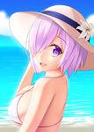  bad_id bad_pixiv_id beach blue_sky breasts cloud damao_yu day eyebrows_visible_through_hair fate/grand_order fate_(series) flower from_side hair_over_one_eye hat hat_flower highres large_breasts looking_at_viewer looking_back mash_kyrielight ocean open_mouth outdoors purple_eyes purple_hair short_hair short_sleeves sky solo sun_hat upper_body water white_bikini_top 