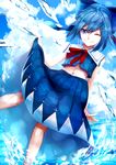  adapted_costume bad_id bad_pixiv_id blue blue_eyes blue_hair blue_sky cirno cloud hair_ribbon highres ice ice_wings looking_at_viewer navel neck_ribbon one_eye_closed ribbon sailor_collar short_hair skirt sky smile sofy solo touhou water wings 