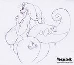  3_fingers anthro belly big_breasts big_butt blush breasts butt butt_grab disembodied_hand dragon duo female fondling goodra hand_on_butt huge_breasts looking_back nintendo nipples nude open_mouth overweight overweight_female pok&eacute;mon raised_tail rear_view sketch slime solo_focus surprise video_games weasselk 