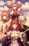  3girls armor artist_name bare_shoulders boey_(fire_emblem) breastplate bright_pupils brown_gloves cape celica_(fire_emblem) circlet closed_mouth cloud cloudy_sky curly_hair dress earrings fingerless_gloves fire_emblem fire_emblem_echoes:_mou_hitori_no_eiyuuou fire_emblem_gaiden gloves grin highres holding holding_sword holding_weapon jenny_(fire_emblem) jewelry light_particles long_hair long_sleeves looking_at_viewer mae_(fire_emblem) multiple_girls open_mouth pan_(pandora_requiem) pauldrons pink_hair puffy_short_sleeves puffy_sleeves red_hair short_sleeves sky smile sword twintails weapon white_hair white_pupils 