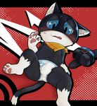  4_fingers 4_toes anthro black_fur blue_eyes blush briefs bulge cat clothing feline fur huka inner_ear_fluff male mammal morgana_(persona) navel pawpads simple_background solo toes underwear white_fur 