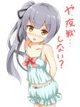  :o aikawa_ryou bare_arms bare_shoulders black_ribbon blush bow brown_eyes eyebrows_visible_through_hair grey_hair hair_ribbon highres kantai_collection kasumi_(kantai_collection) long_hair nose_blush open_mouth red_bow ribbon side_ponytail simple_background solo translated v-shaped_eyebrows white_background 