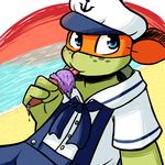  2017 anthro bandanna beach blue_eyes clothed clothing dessert eating food hat ice_cream ice_cream_cone inkyfrog licking looking_at_viewer male mask michelangelo_(tmnt) reptile sailor_uniform scalie seaside shell solo teenage_mutant_ninja_turtles tongue tongue_out turtle 