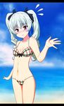  anchovy beach bikini blush breasts cloud day drill_hair flying_sweatdrops girls_und_panzer green_hair groin hair_ribbon highres letterboxed navel ocean outdoors plaid plaid_bikini red_eyes ribbon sky small_breasts solo swimsuit tom-ani twintails 