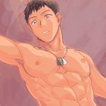  abs armpits brown_background brown_hair dog_tags idolmaster idolmaster_side-m looking_at_viewer looking_down male_focus muscle nipples parted_lips pectorals purple_eyes shingen_seiji shirtless short_hair simple_background solo upper_body very_short_hair youhe_hino 