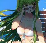  bangs beach bikini_top blue_sky breasts c.c. cleavage code_geass collarbone creayus day eyebrows_visible_through_hair front-tie_bikini front-tie_top green_hair hair_tucking halterneck long_hair medium_breasts outdoors sidelocks sky smile solo sunglasses swimsuit white-framed_eyewear white_bikini_top yellow_eyes 