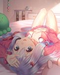 :d areola_slip areolae bangs blue_eyes blush bow breasts collarbone commentary_request covered_nipples eromanga_sensei eyebrows_visible_through_hair hair_bow hand_on_own_stomach headset indoors izumi_sagiri long_hair looking_at_viewer low-tied_long_hair lying on_back on_bed open_clothes open_mouth open_shirt pajamas pink_background pink_bow shirt signature silver_hair simple_background small_breasts smile solo stuffed_animal stuffed_octopus stuffed_toy sweat tareme yasuyuki 