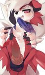  animal_genitalia animal_penis anthro blush bulge canine_penis clothed clothing erection knot lycanroc lycanroc_(midnight_form) male nintendo nuko0923 partially_clothed penis pok&eacute;mon presenting presenting_penis restricted_palette simple_background solo vein veiny_penis video_games 