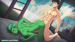  2boys abs ass bed blush censored full_body green_skin grin happy_sex justice_league male_focus multiple_boys naughty_face nude robin_(dc) smile smirk suiton teen_titans window yaoi 